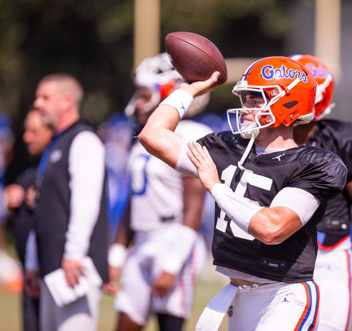 Florida Gators quarterback Graham Mertz (15) passes during Fall practice at Sanders Practice Fields in Gainesville, FL on Thursday, August 8, 2024.
