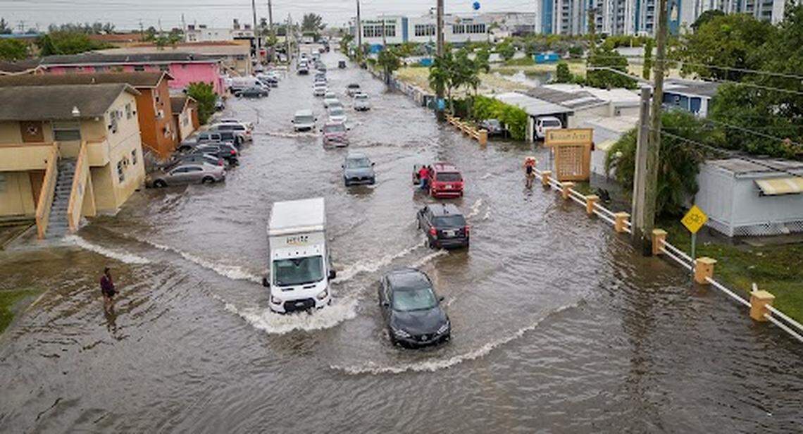 Aerial view of floods affecting West 29 Street and 14th Avenue in Hialeah as South Florida is getting drenched Wednesday night as torrential downpours inundate the region due to a disturbance off Florida’s coast affecting, on Wednesday November 16, 2023.