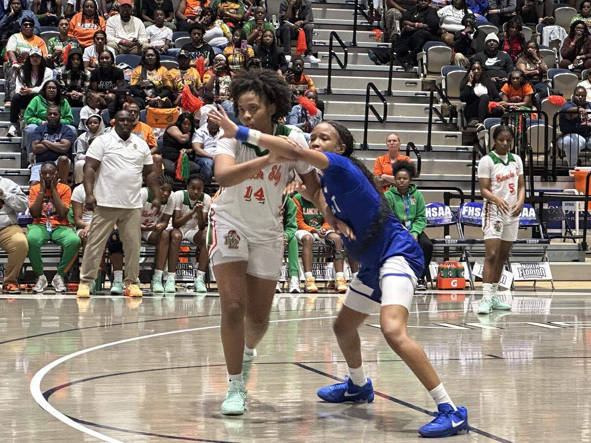 Blanche Ely forward Isyss Mims looks to set a screen during Friday’s Class 5A state girls’ basketball championship game against Pensacola Washington at UNF Arena in Jacksonville, Fla.