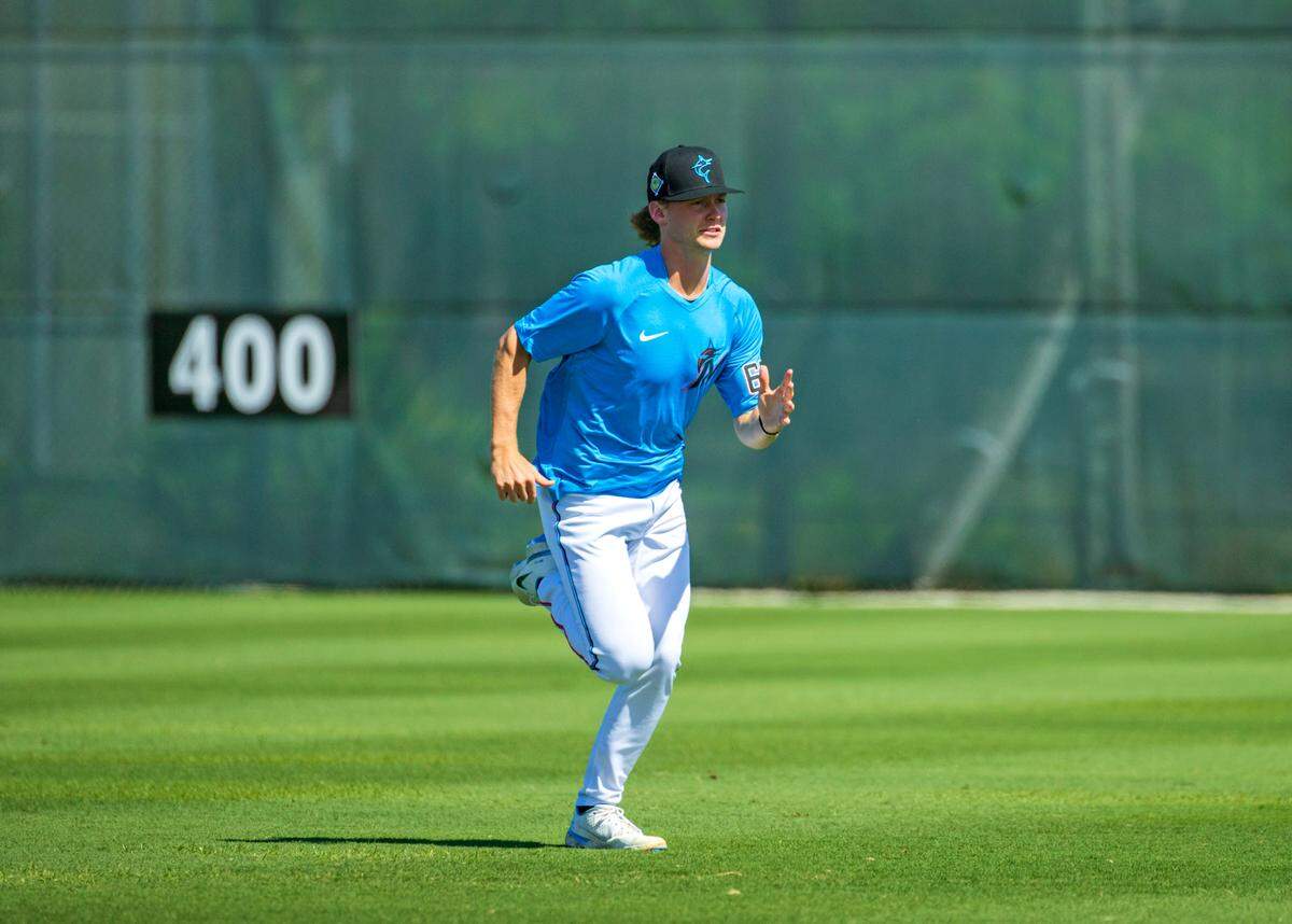 Miami Marlins pitcher Max Meyer running drills during the first full-squad spring training workout at Roger Dean Stadium on Monday, March 14, 2022 in Jupiter, FL.