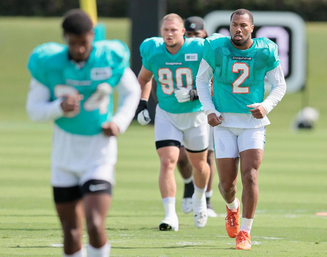 Miami Dolphins linebacker Bradley Chubb (2) runs sprints during practice at Baptist Health Training Complex in Miami Gardens on Thursday, November 3, 2022.