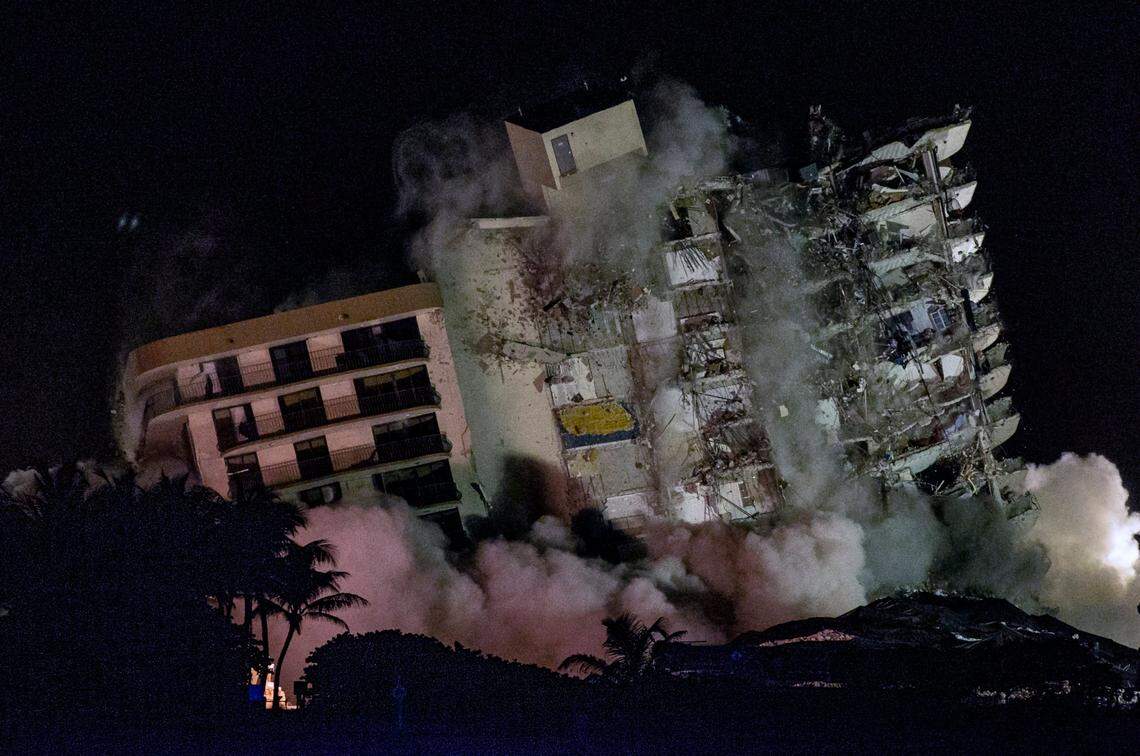Demolition of the partially collapsed 12-story oceanfront condo, Champlain Towers South in Surfside on Sunday, July 4, 2021.