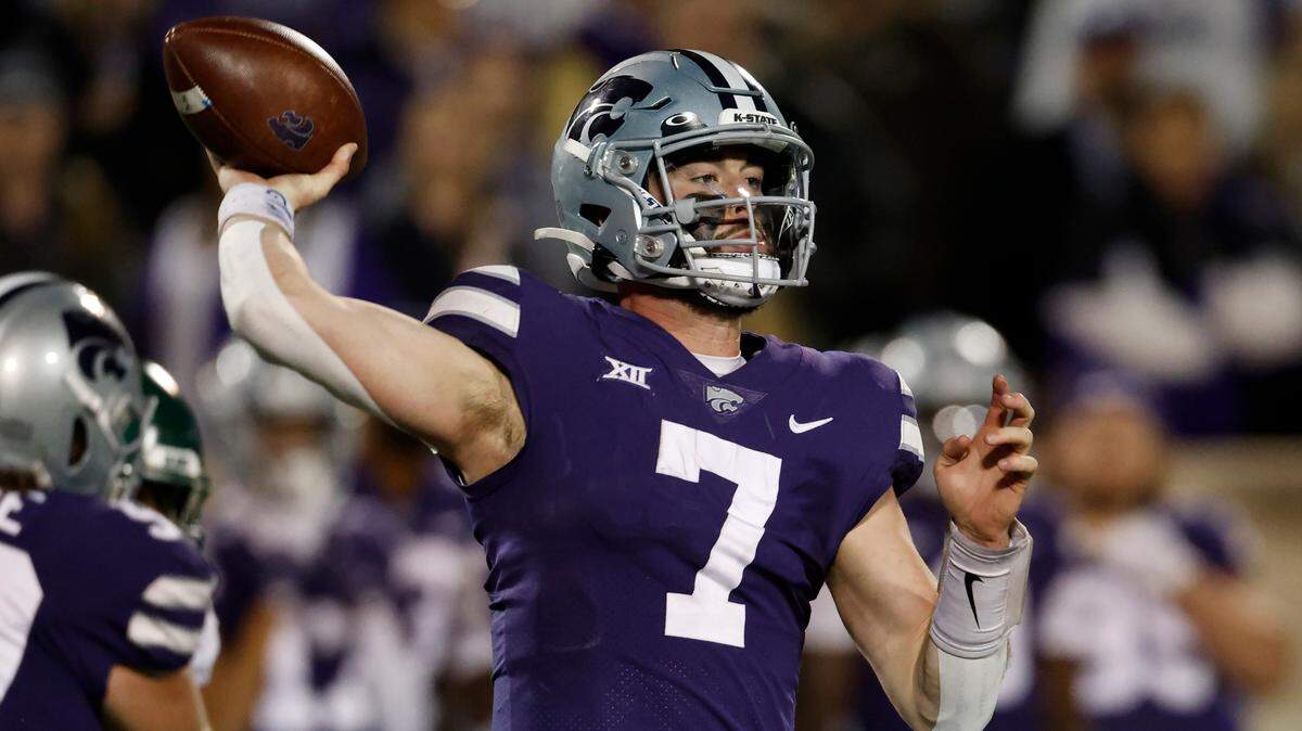 Kansas State quarterback Skylar Thompson during an NCAA college football game on Saturday, Nov. 20, 2021 in Manhattan, Kan. (AP Photo/Colin E. Braley)