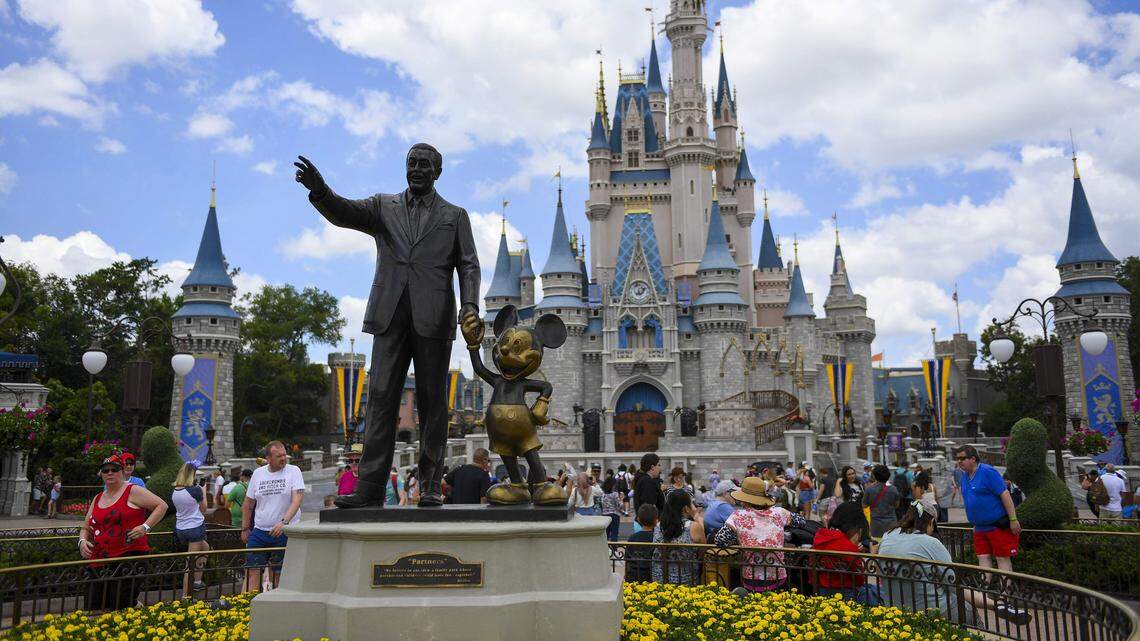 The “Partners” statue sits in front of Cinderella’s Castle at Magic Kingdom on Wednesday, May 1, 2019 at Disney World in Orlando, Florida.