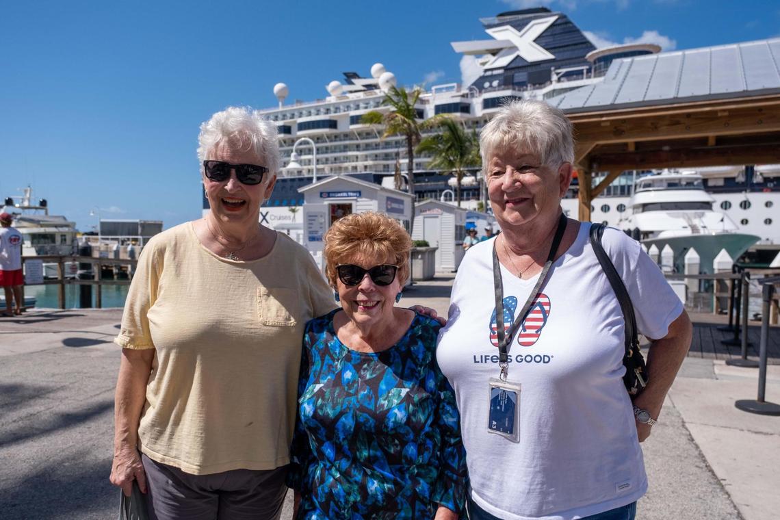 Judy Duke, Jerrie Goldston and Sandy Wratten, all from Georgetown, Texas, pose in Key West after arriving on the Celebrity Constellation cruise ship on Feb. 26, 2022.
