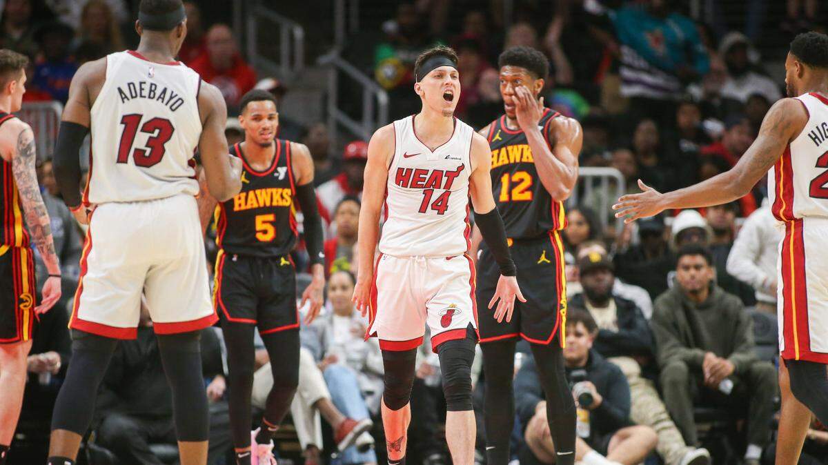 Miami Heat guard Tyler Herro (14) reacts after a basket against the Atlanta Hawks in the second half at State Farm Arena.