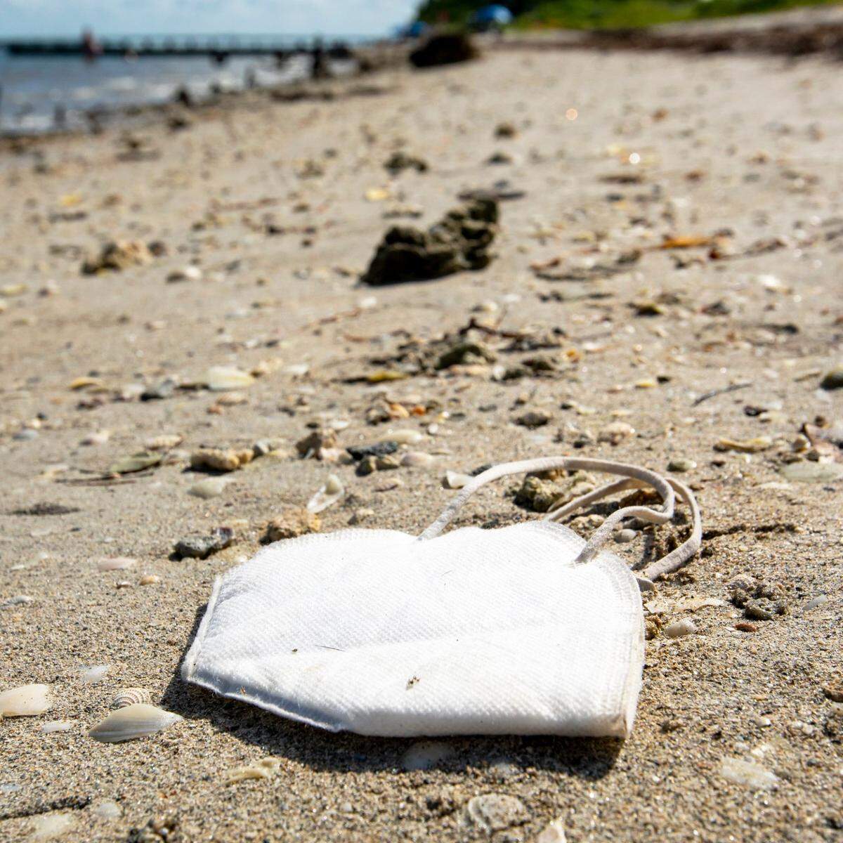 A mask sits on the beach after being improperly discarded at Virginia Key Beach Park in Miami-Dade, Florida on Saturday, August 8, 2020.
