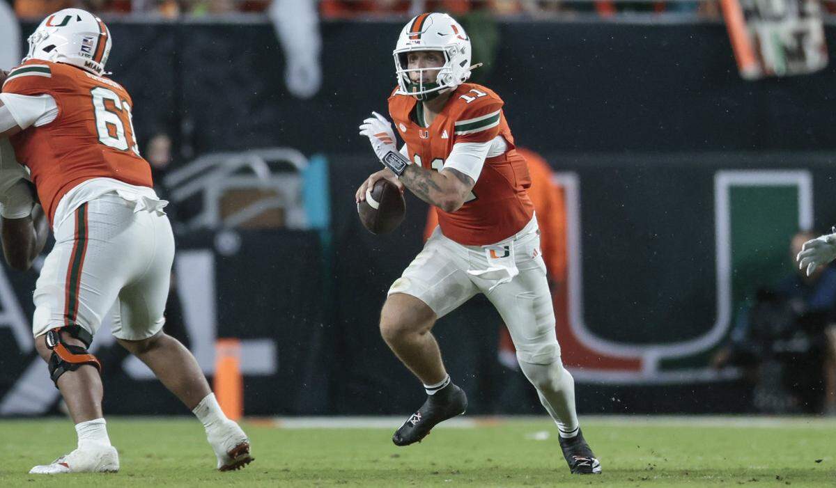 Miami Hurricanes quarterback Carson Beck (11) during an NCAA football game against the Notre Dame Fighting Irish at Hard Rock Stadium in Miami Gardens, Florida, on Sunday, August 31, 2025. 