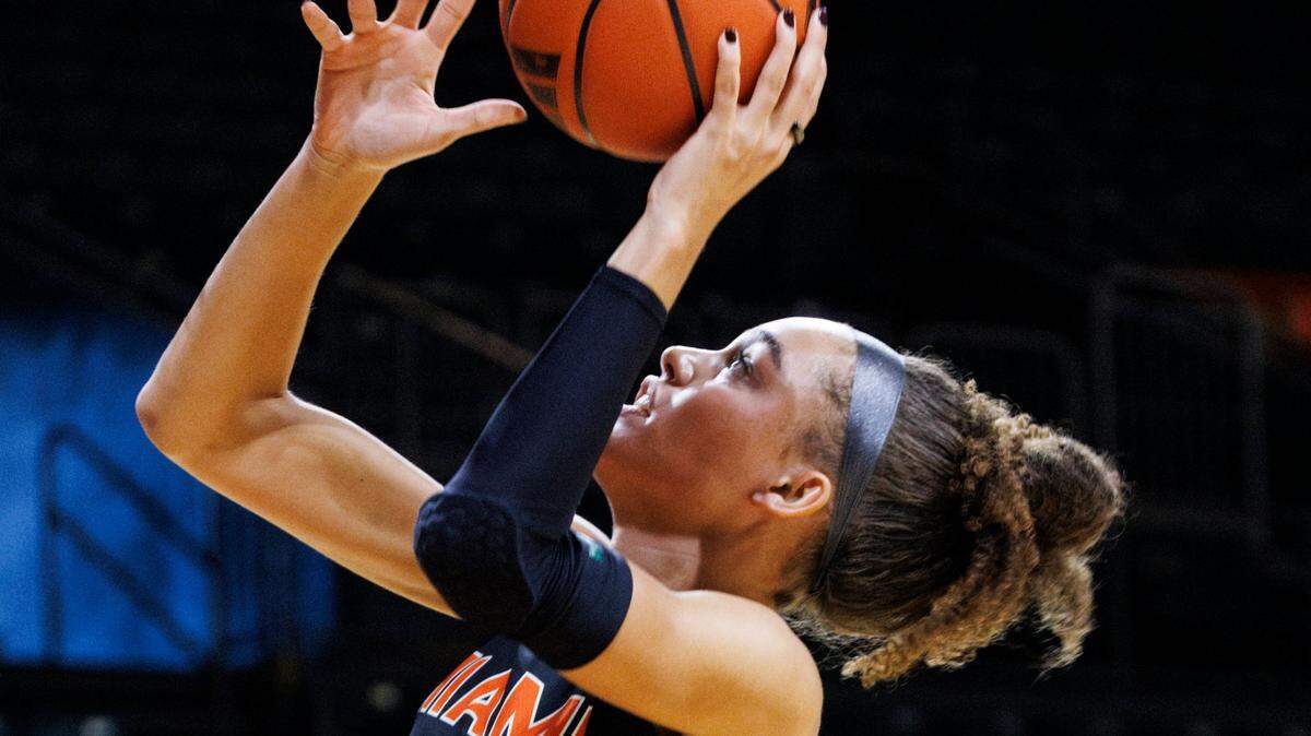 Natalija Marshall (21), forward, shoots the ball during practice following media day for women’s basketball on Monday, Oct. 21, 2024, at the University of Miami.