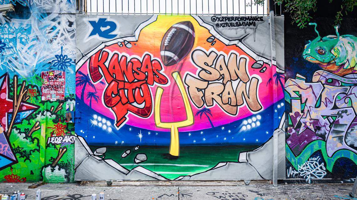 CES, a graffiti artist, painted this Super Bowl-inspired mural on one of Wynwood’s famous walls Wednesday, directly across the street from the Museum of Graffiti.  