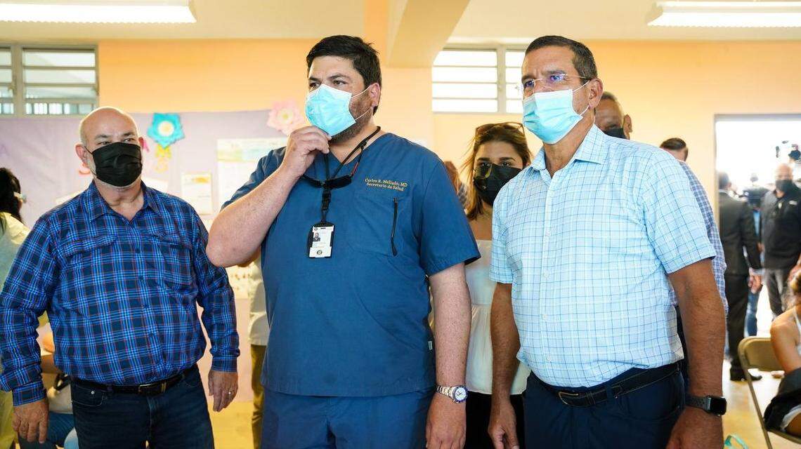 Puerto Rican Secretary of Health Carlos Mellado and Gov, Pedro Pierluisi visited a COVID-19 vaccination site in Vieques, Puerto Rico on March 10, 2020.