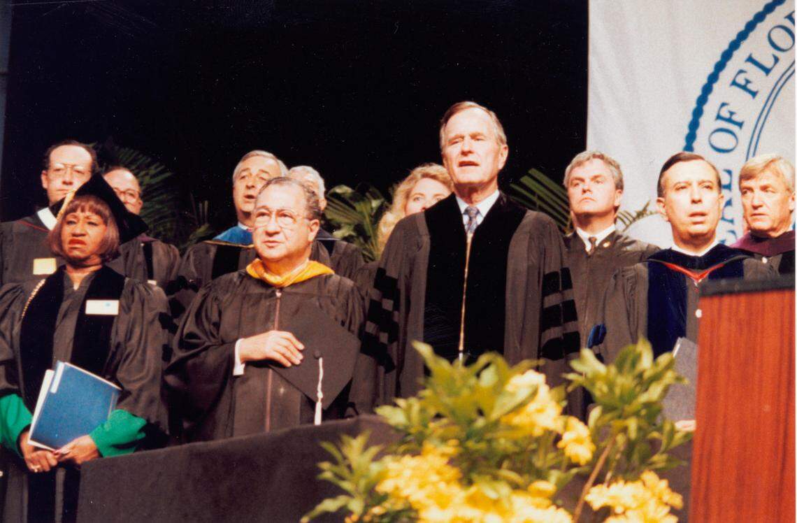 President George H.W. Bush and Celia Cruz are awarded honorary degrees at FIU’s 1992 spring commencement ceremony. Bush served as president from 1989 to 1993. Cruz was the legendary Cuban singer.