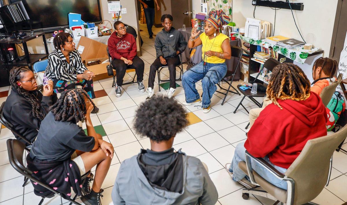 KR8TiVE Uprising’s Alana DaCosta, speaks to students at Urgent Academy Middle School for film, arts, and creative technologies that focuses on culture and creativity in Miami, Florida on Tuesday, February 11, 2025.