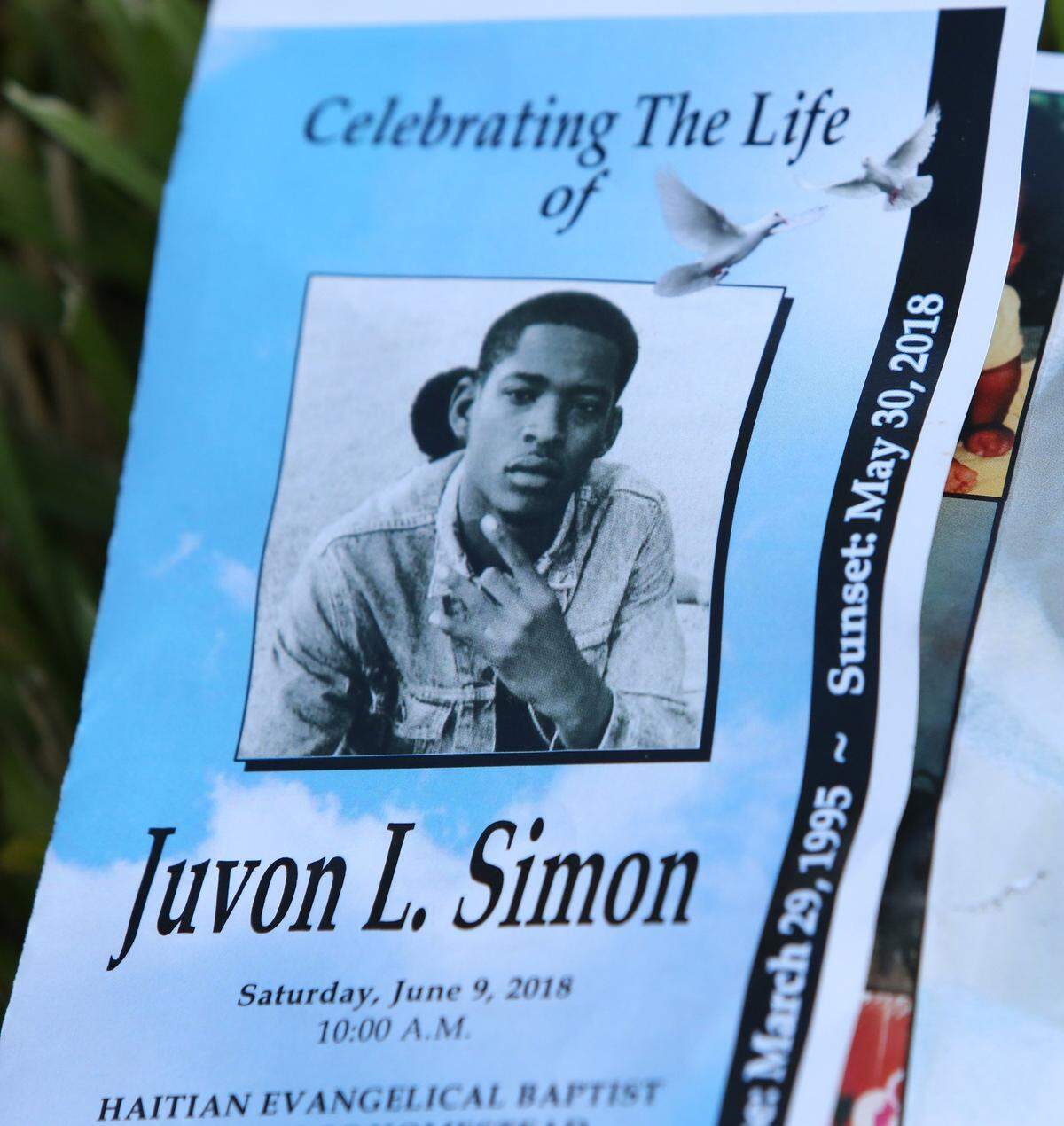 The funeral program for 23-year-old shooting victim Juvon Simon. He was shot and killed on May 30, 2018, by Florida City detective Frantz Hardy. The family announced Wednesday, Oct. 30, 2018, that they are filing suit against Florida City and the state for his death.