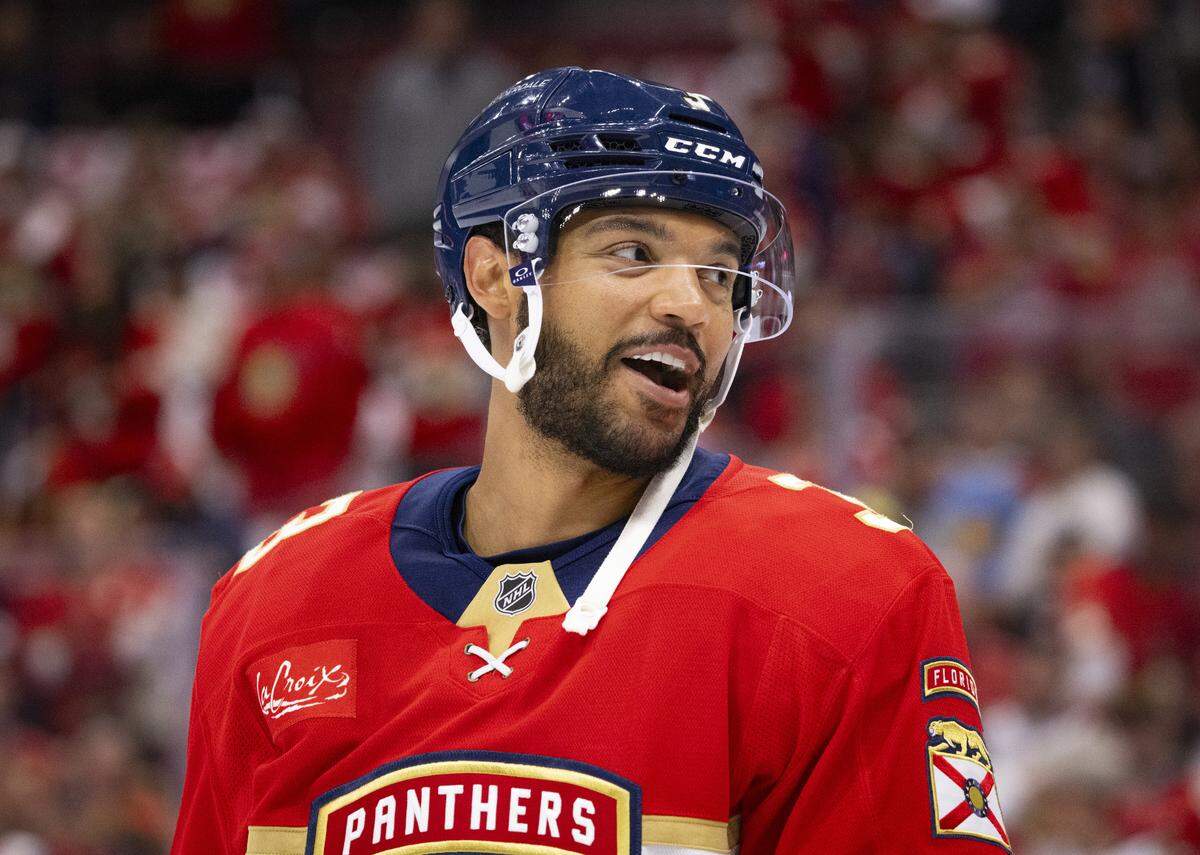 Florida Panthers defenseman Seth Jones (3) laughs in warmups of Game 4 during the Eastern Conference final of the NHL Stanley Cup playoffs against the Carolina Hurricanes at the Amerant Bank Arena on Monday, May 26, 2025 in Sunrise, Fla.