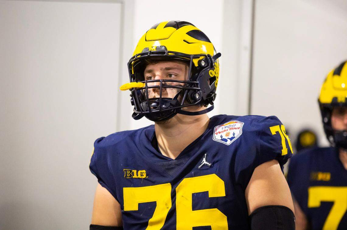 Dec 31, 2022; Glendale, Arizona, USA; Michigan Wolverines offensive lineman Ryan Hayes (76) against the TCU Horned Frogs during the 2022 Fiesta Bowl at State Farm Stadium. Mandatory Credit: Mark J. Rebilas-USA TODAY Sports