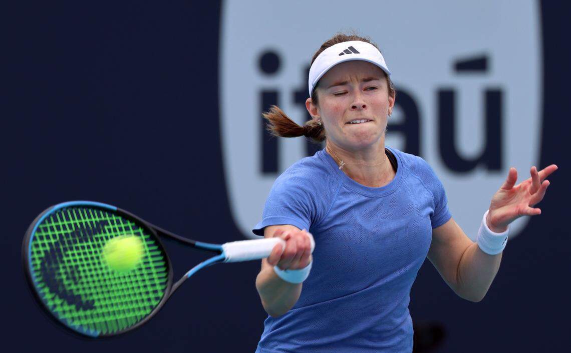 American Katie Volynet [10] returns with a strong forehand in her match against Canadian Bianca Anmdreescu in the Women's Qualifying Singles 2nd Round match during the Miami Open on Tuesday, March 17, 2026, in Miami Gardens, Florida.
