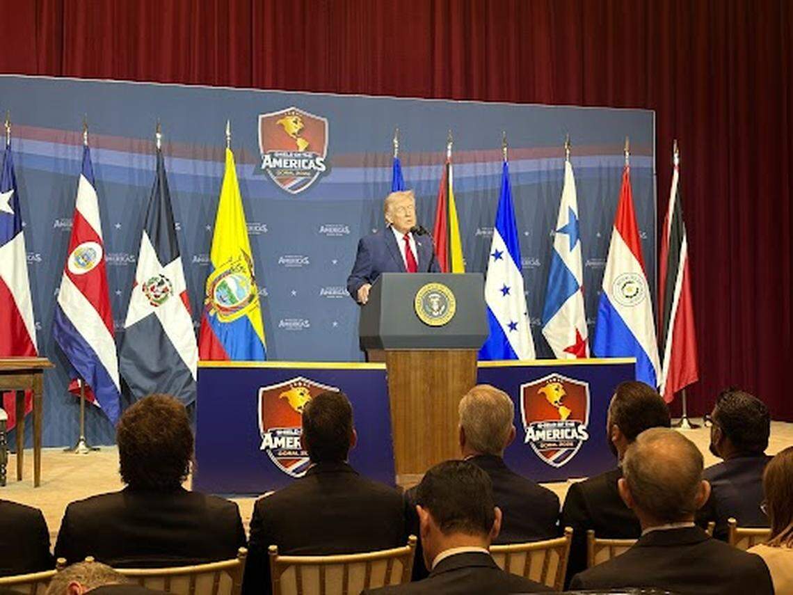 President Donald Trump addresses the first Summit of the Americas on March 7, 2026, at Trump National Doral Miami.
