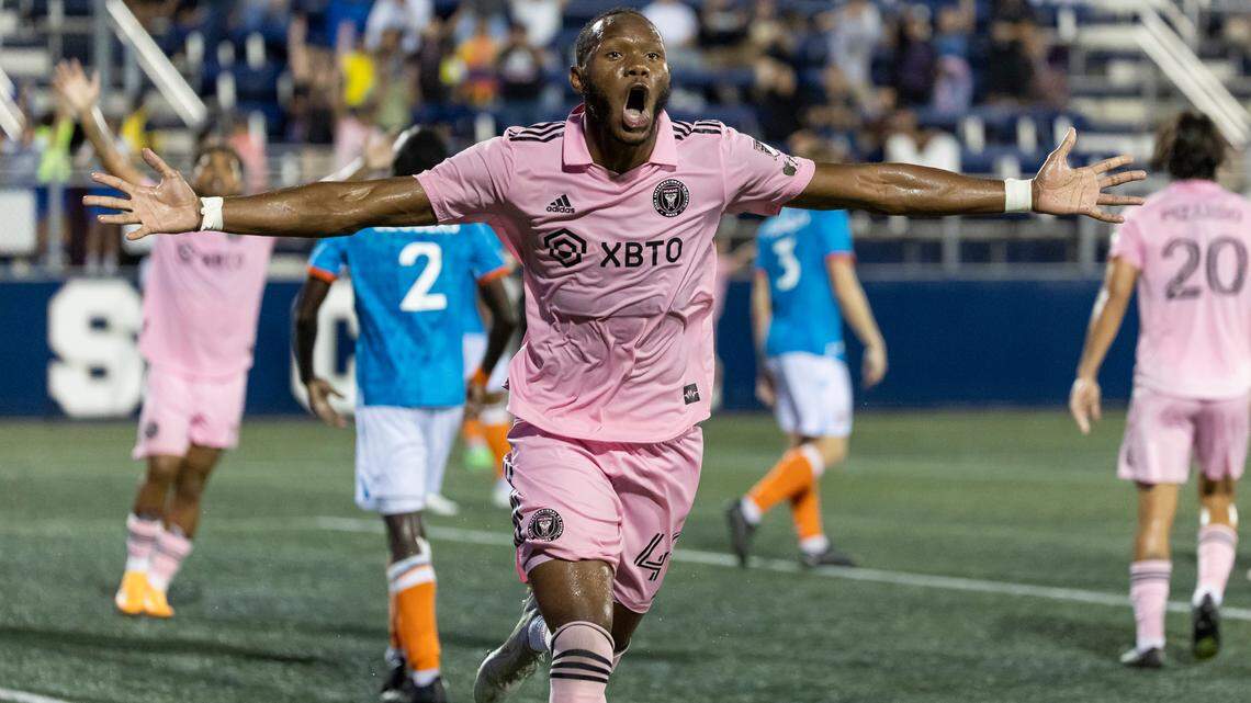 Inter Miami forward Shanyder Borgelin (49) celebrates after scoring a goal against Miami FC in the second half of their US Open Cup third-round soccer match at FIU Stadium on Wednesday, April 26, 2023, in Miami, Fla.