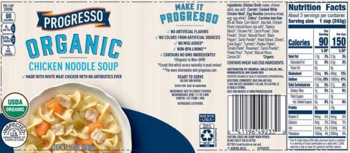 This Progresso Organic Chicken Noodle Soup label shows wheat and egg listed as allergens under the ingredients. But what’s in the recalled cans has allergens milk and soy.