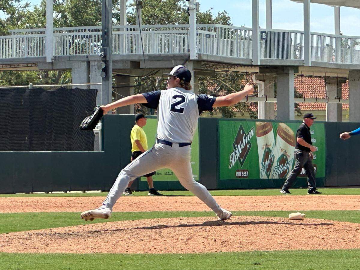 Gulliver Prep pitcher Brixton Lofgren pitches during the seventh inning of Friday’s Class 3A state baseball semifinal against North Broward Prep at Hammond Stadium in Fort Myers.