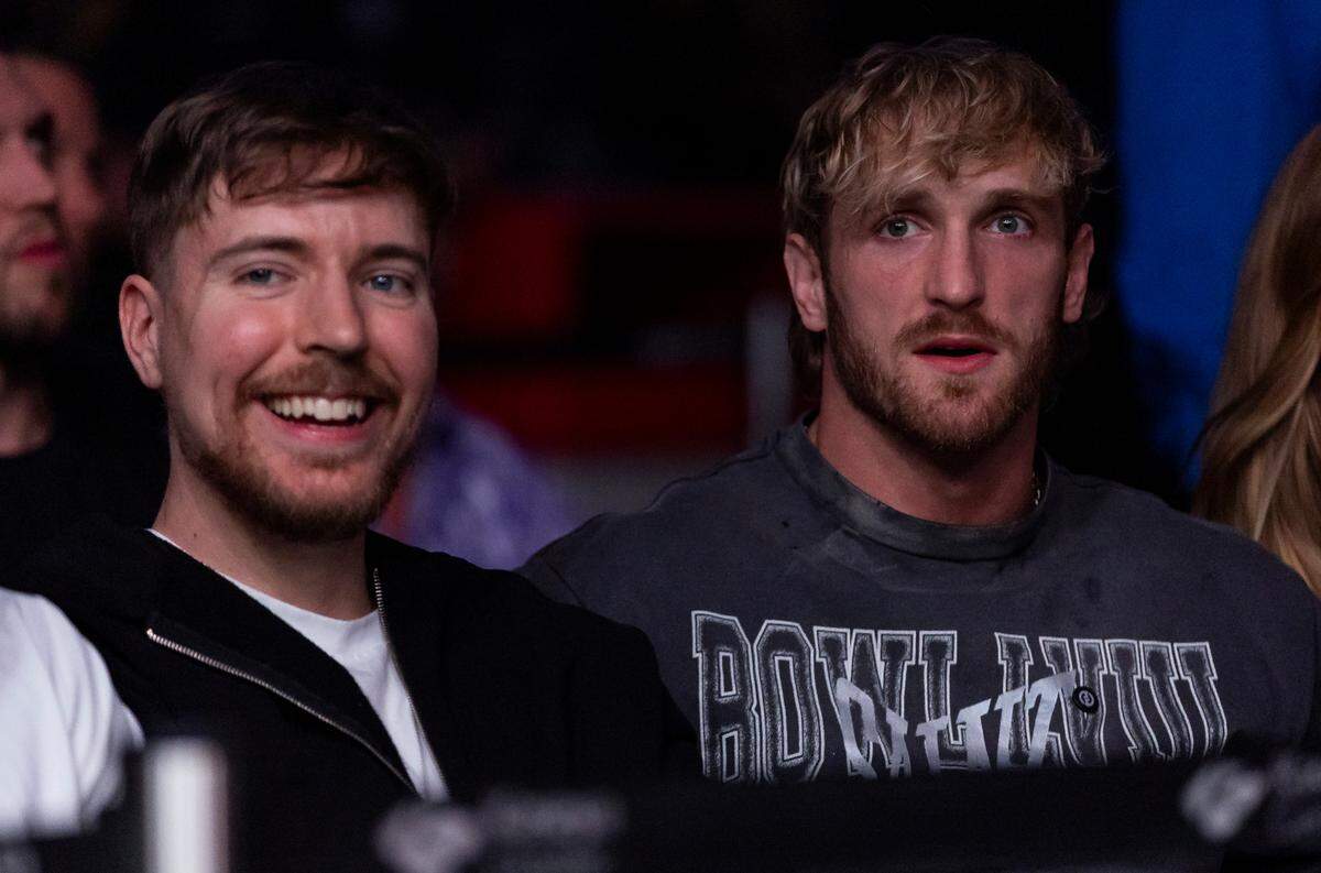 YouTubers Mr. Beast and Logan Paul attend the UFC 299 event at the Kaseya Center on Saturday, March 9, 2024, in downtown Miami, Fla.