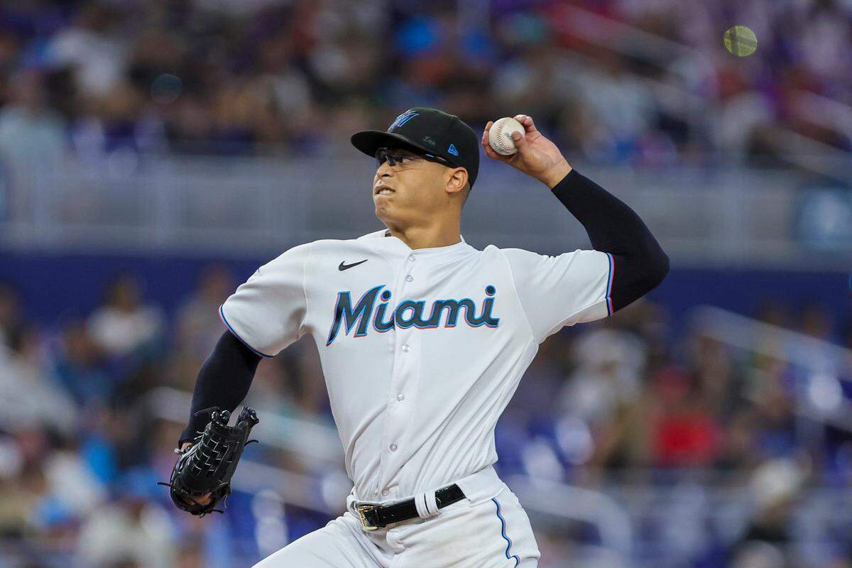Jul 30, 2023; Miami, Florida, USA; Miami Marlins starting pitcher Jesus Luzardo (44) pitches against the Detroit Tigers during the first inning at loanDepot Park.