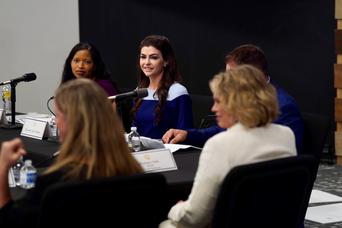 First Lady Casey DeSantis talks during a roundtable about how the state is working to support Florida’s foster and adoptive families in Tampa on Friday, July 15, 2022. Through the Hope Florida — A Pathway to Prosperity initiative, about 59,000 families will receive a one-time, $450-per-child check.
