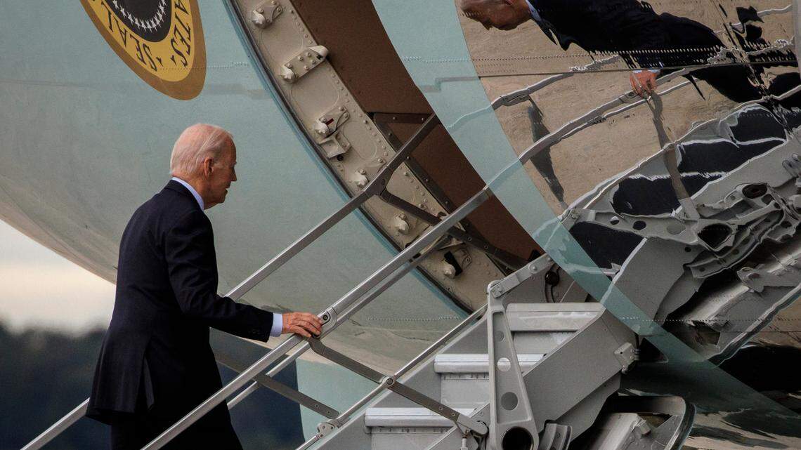 President Biden boards Air Force One on Oct. 17, at Joint Base Andrews, Maryland, on his way to Israel.