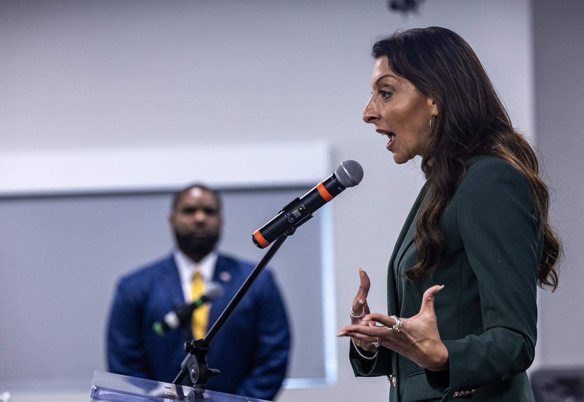 Erika Donalds speaks during a roundtable to discuss the future of education in Florida, held by her and her husband U.S. Congressman Byron Donalds (left), at Miami Dade College West Campus, as part of his campaign to run in the 2026 Republican primary for Florida Governor, in Doral on Tuesday, March 24, 2026.