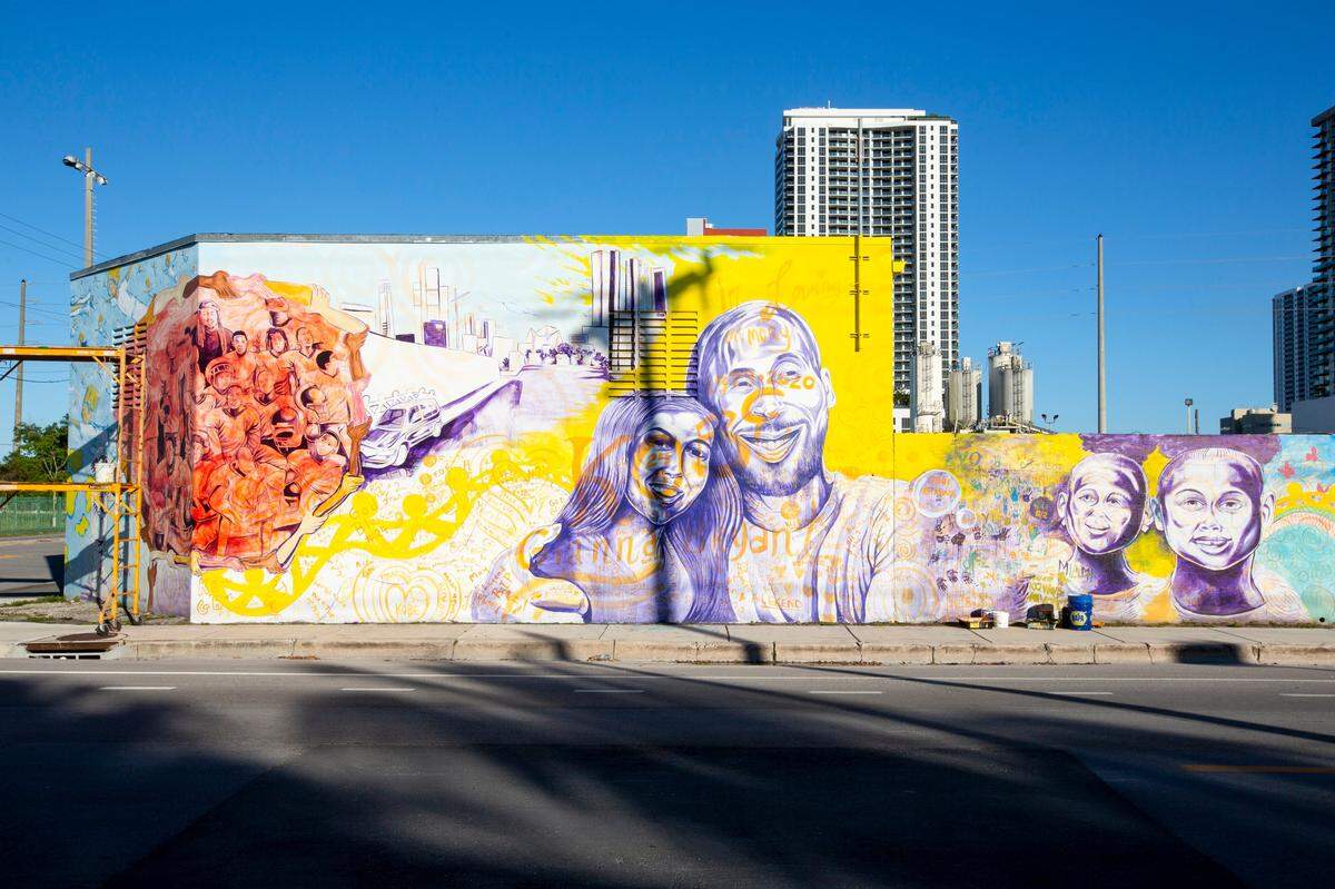 The finished mural of Kobe Bryant and his daughter, Gianna, was painted over with messages dedicated to the NBA legend, by mourners and fans, in Miami’s historic Overtown community on Feb. 3, 2020.