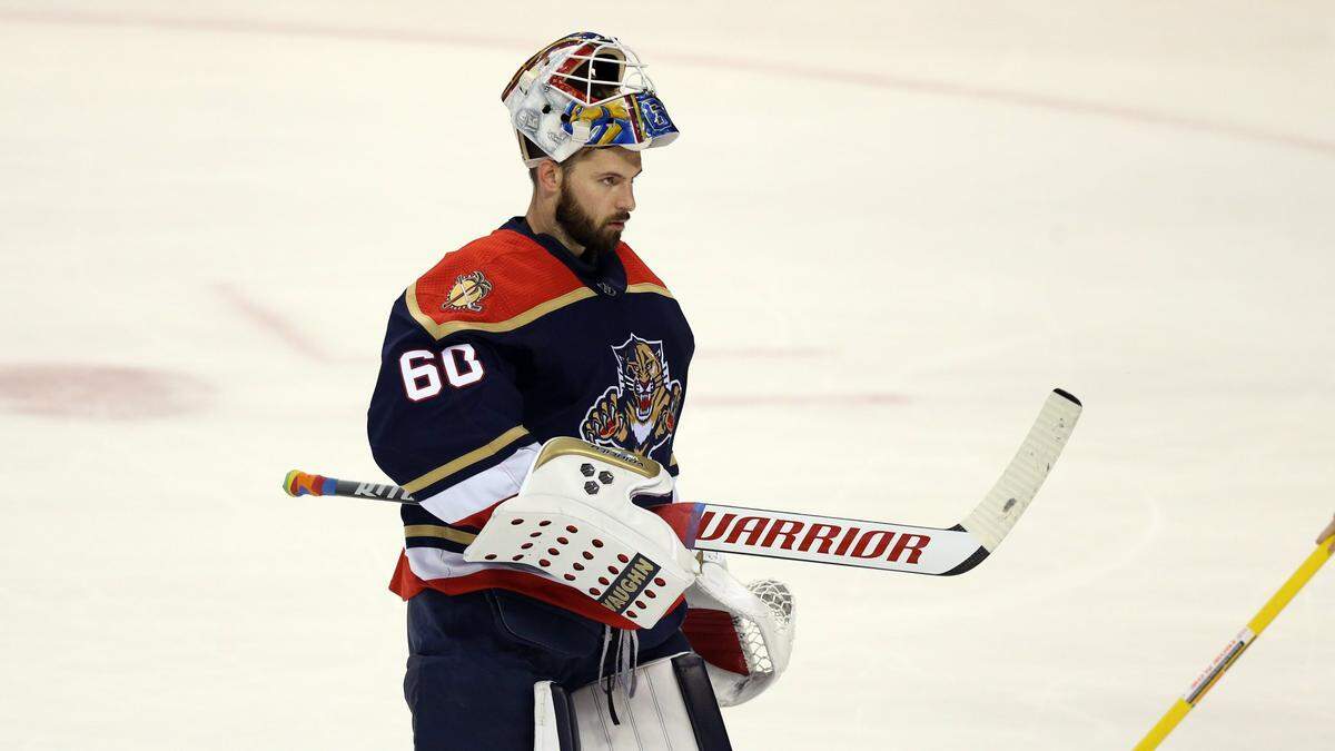 Florida Panthers goaltender Chris Driedger (60) approaches the net after break in the game against the Nashville Predators at the BB&T Center in Sunrise on Saturday, March 20, 2021.