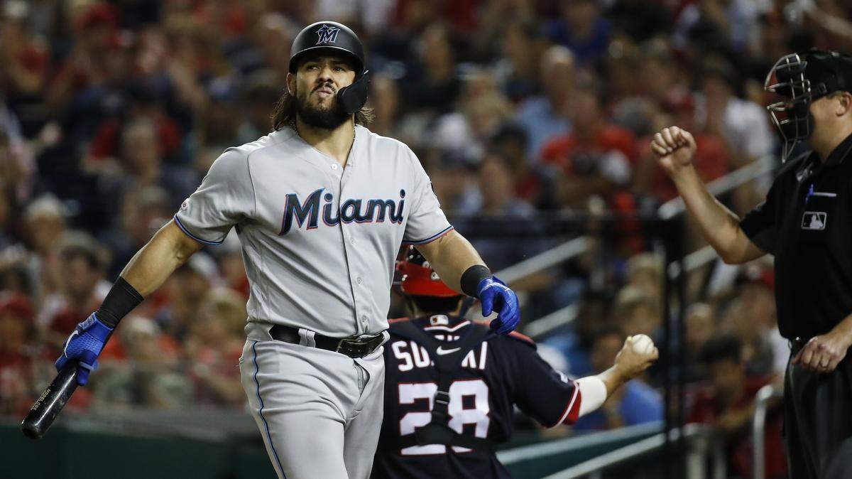 Miami Marlins’ Jorge Alfaro reacts after striking out during the third inning of the team’s baseball game against the Washington Nationals at Nationals Park, Friday, Aug. 30, 2019, in Washington. (AP Photo/Alex Brandon)