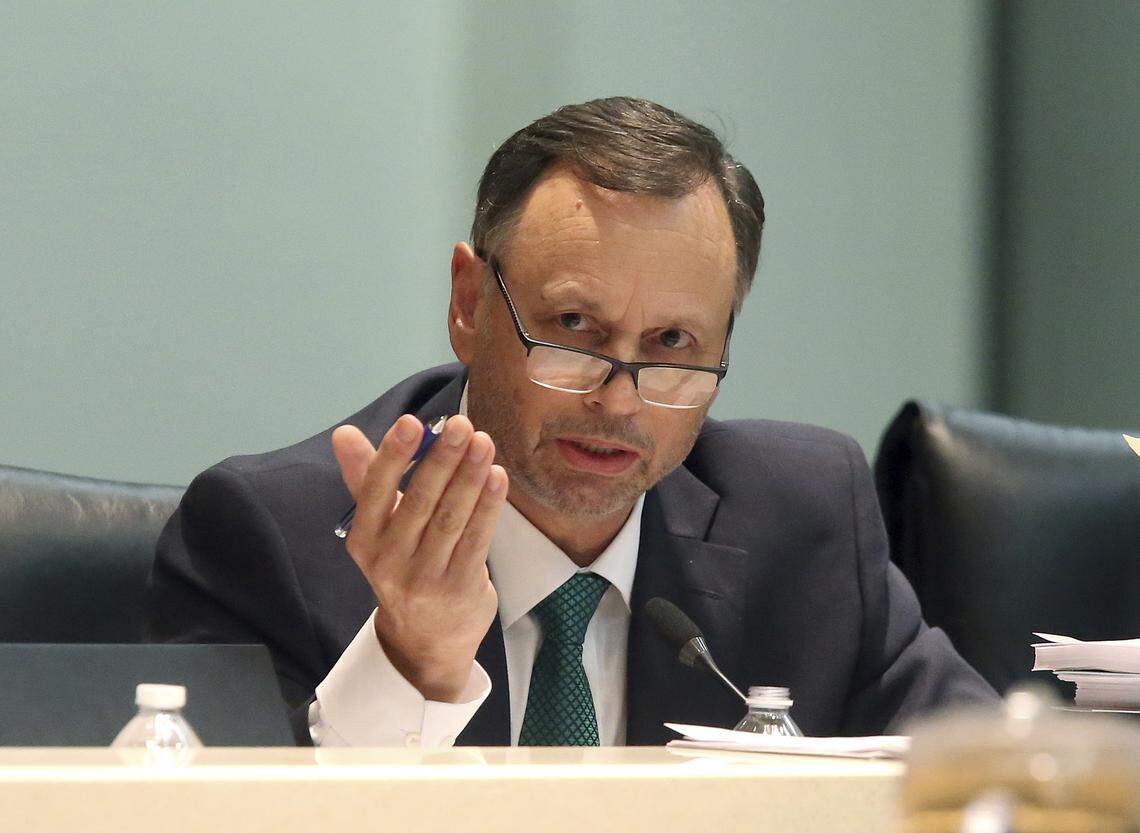 Sen. Tom Lee, R-Brandon, questions George Levesque, attorney for Gov. Ron DeSantis, during a Senate Rules Committee meeting concerning the dismissal of Broward County Sheriff Scott Israel, Monday Oct. 21, 2019, in Tallahassee.