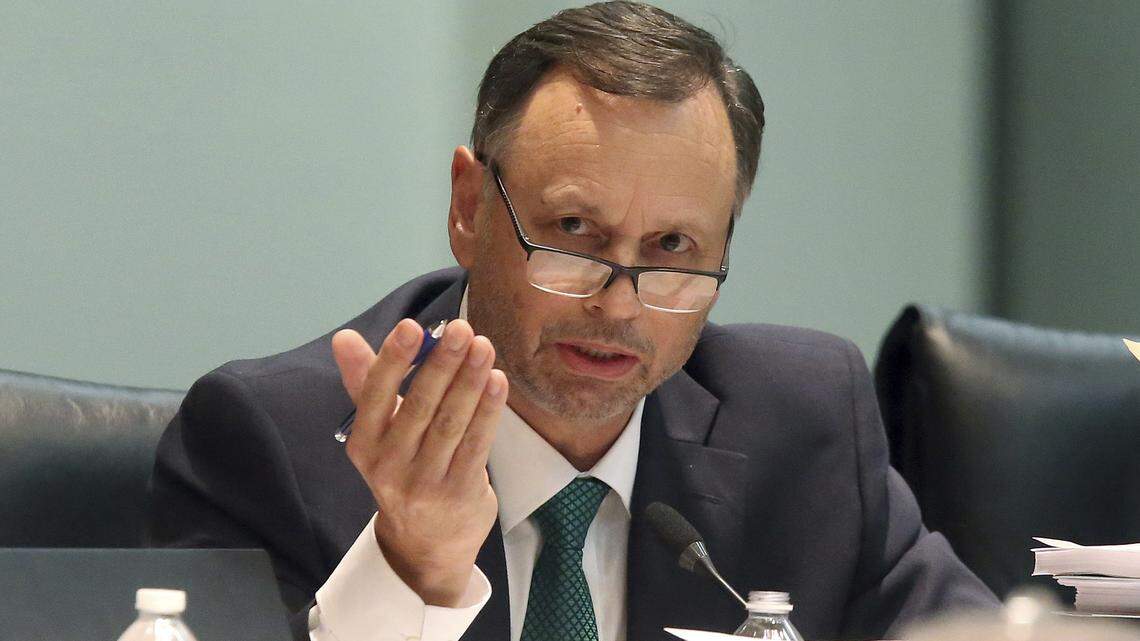 Sen. Tom Lee, R-Brandon, questions George Levesque, attorney for Gov. Ron DeSantis, during a Senate Rules Committee meeting concerning the dismissal of Broward County Sheriff Scott Israel, Monday Oct. 21, 2019, in Tallahassee.