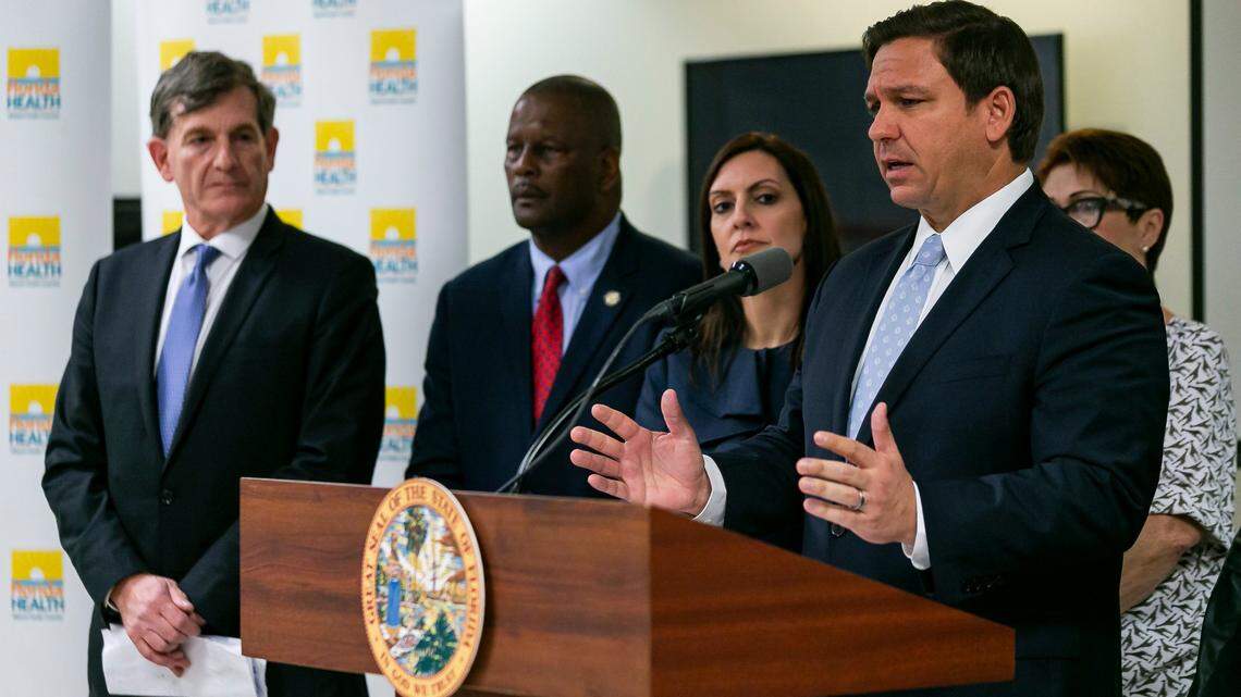 Governor Ron DeSantis speaks to the media about the coronavirus during a press conference at the Florida Department of Health in Miami-Dade County on Monday, March 2, 2020.