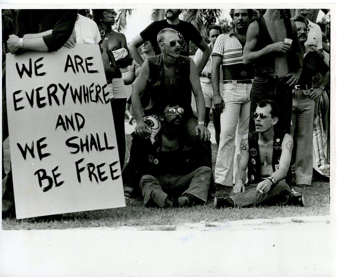6/24/1979: ‘We Are Everywhere and We Shall Be Free,’ states a protest placard at a gay rally in Dade County two years after Anita Bryant led the campaign to repeal the county’s gay-rights ordinance.