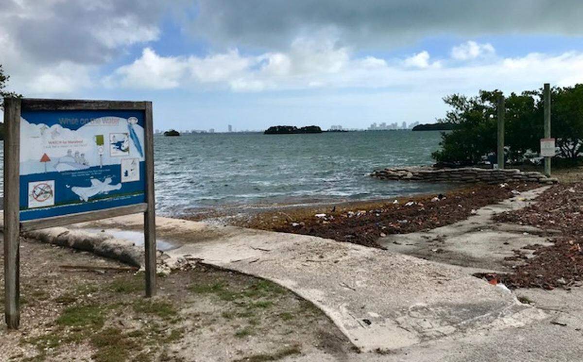 The unmaintained Legion Park boat ramp in the MiMo district is covered with seaweed and trash and has been closed to the public since 2009. Repairs have finally begun.