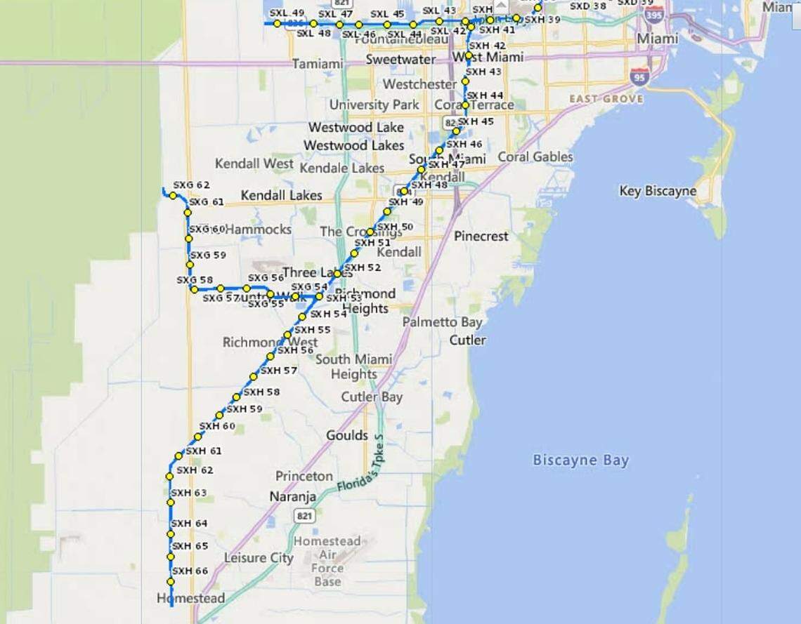 The freight railroad tracks belonging to Jacksonville’s CSX, pictured here in a company graphic, could be part of a new passenger service in Miami-Dade County if the local government and corporate executives can reach a deal. It’s an idea that’s been around since the 1980s, but cost has foiled plans in the past. The numbers in the map represent mile markers on the CSX lines.
