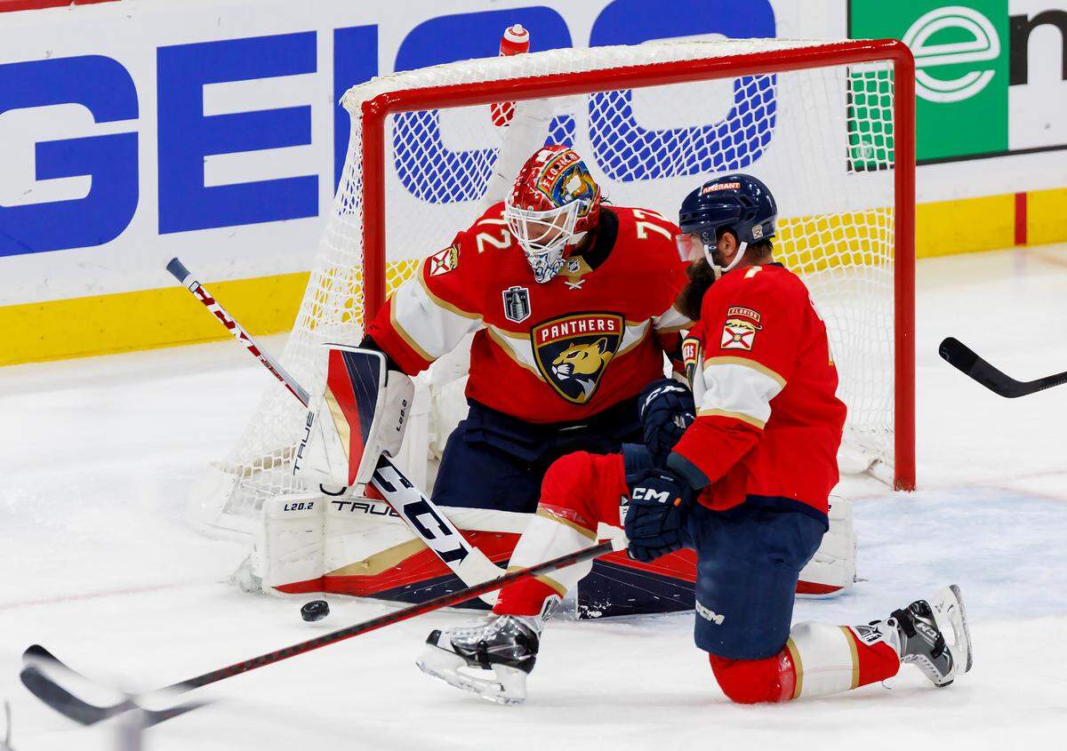 Florida Panthers goaltender Sergei Bobrovsky (72)] and Panthers defenseman Radko Gudas (7) defend the goal during the second period of Game 3 of the NHL Stanley Cup Final against the Vegas Golden Knights at the FLA Live Arena on Thursday, June 8, 2023, in Sunrise, Florida.