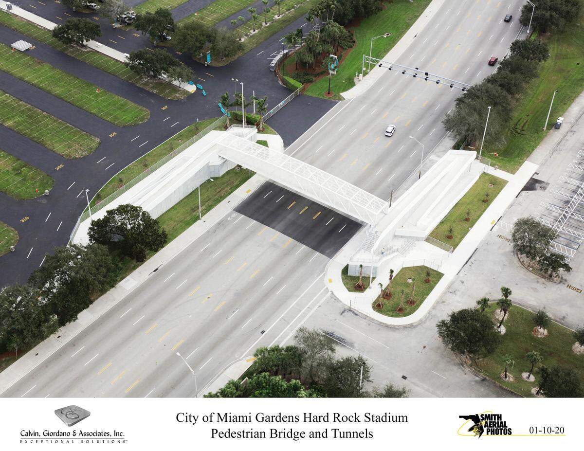 Pedestrian bridge at Hard Rock Stadium in Miami Gardens.