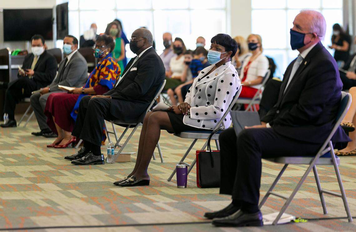 Commissioner Audrey M. Edmonson, center, attends a farewell event for term-limited commissioners and Mayor Carlos Gimenez at Port Miami in Miami, Florida, on Friday, November 6, 2020.