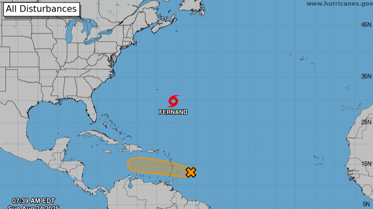 Tropical Storm Fernand and growing system in the Atlantic Ocean, Sunday, 7:39 a.m.