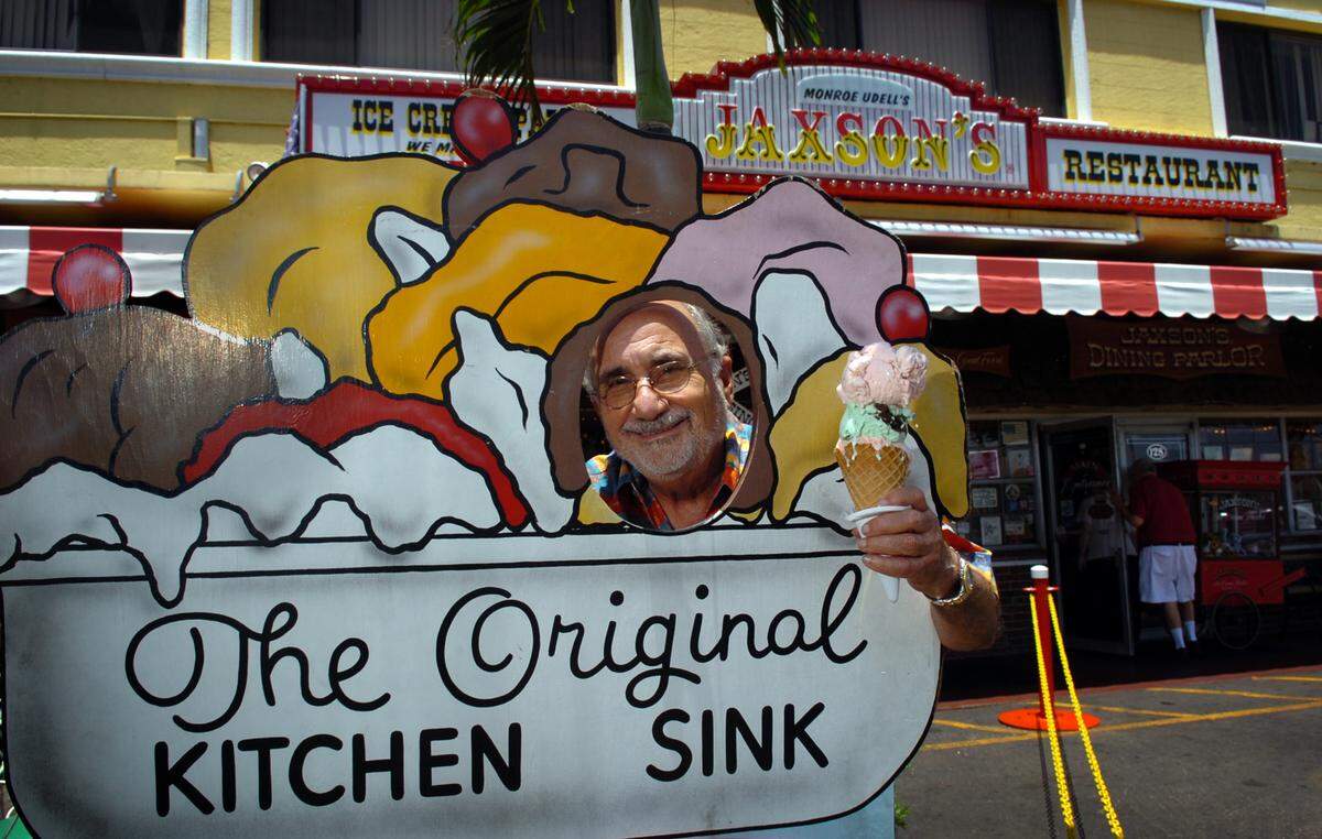 Monroe Udell, who opened Jaxson’s in 1956, at the 50th anniversary of the ice cream parlor and restaurant in Dania Beach. Monroe passed away in 2014, but the cutouts remain in front of the restaurant 20 years later and are a hit with kids.