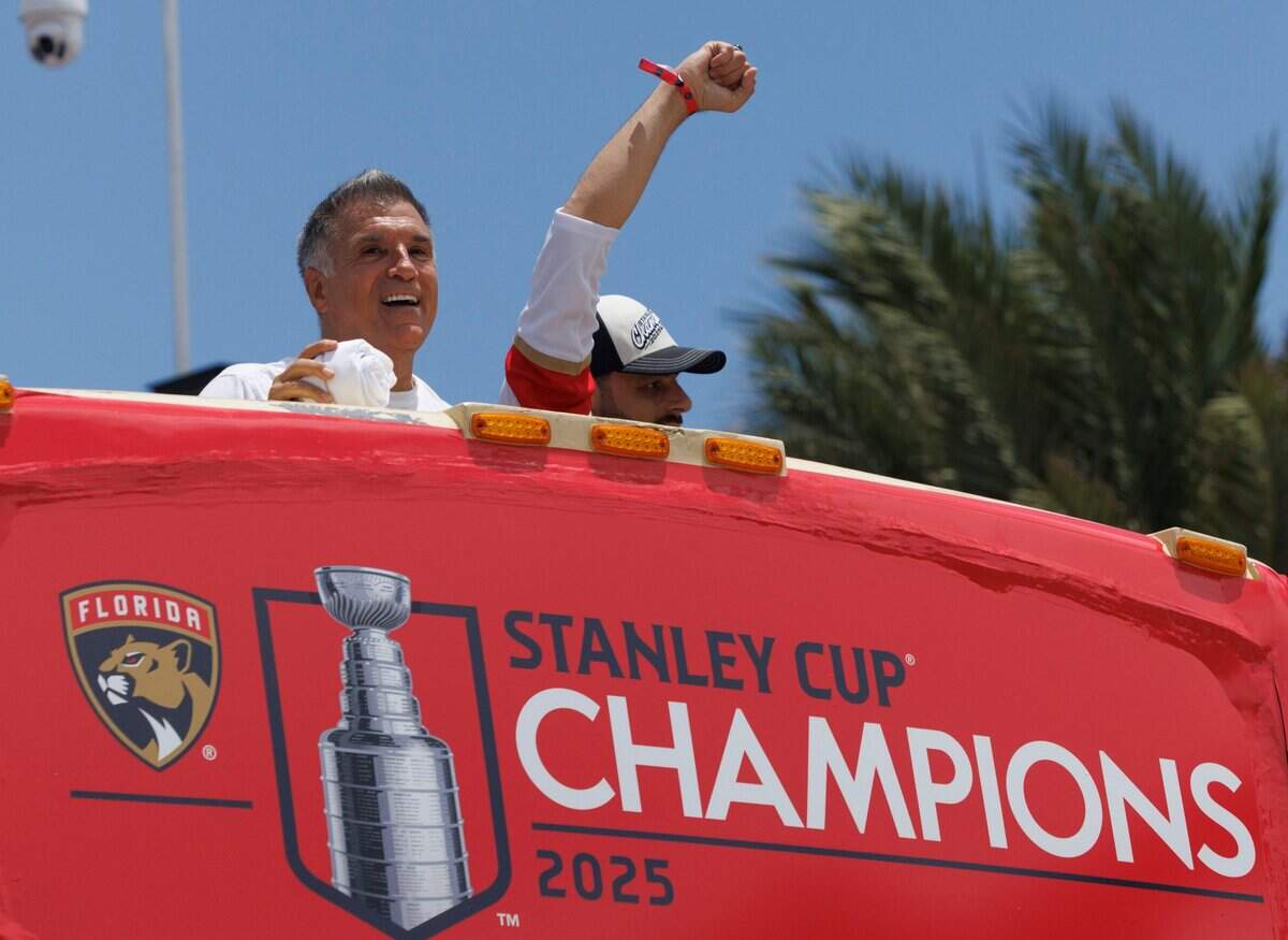 Vincent Viola, Florida Panthers team owner, throws shirts to fans during the Stanley Cup Championship victory parade on Sunday, June 22, 2025, down Las Olas in Fort Lauderdale, Fla.