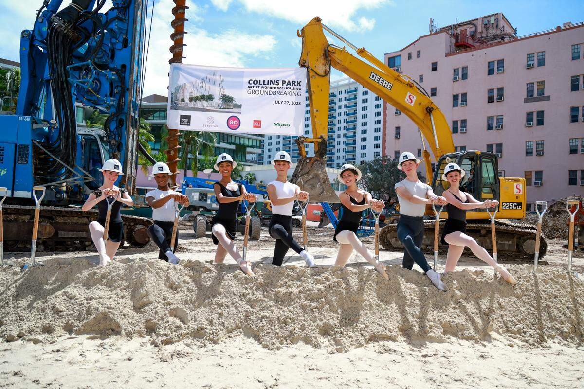 Miami City Ballet School students pose with shovels at the July groundbreaking ceremony for a planned new South Beach apartment building that will provide “workforce” housing at discounted rents for artists and first responders and other public employees. One floor will be dedicated to dorm rooms for City Ballet students.