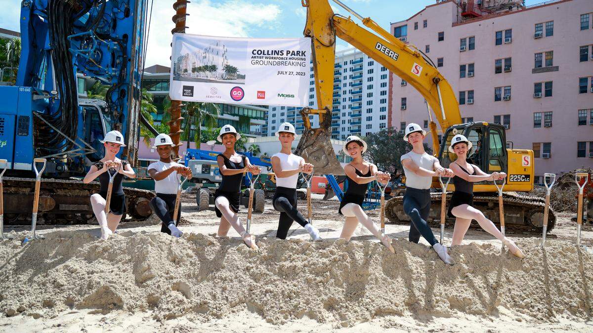 Miami City Ballet School students pose with shovels at the July groundbreaking for a planned South Beach apartment building that will provide workforce housing at discounted rents for artists and first responders and other public employees. One floor will be dedicated to dorm rooms for City Ballet students.