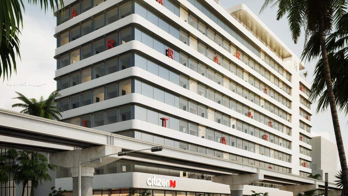 Architectural rendering of the 351-room citizenM Miami hotel to be located within the massive Miami Worldcenter project in downtown Miami.