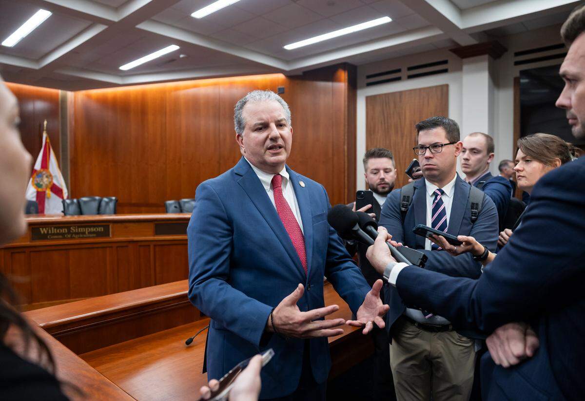 Florida Chief Financial Officer Jimmy Patronis speaks to reporters after a Florida Cabinet Meeting at the State Capitol on Tuesday, March 4, 2025, in Tallahassee, Fla.