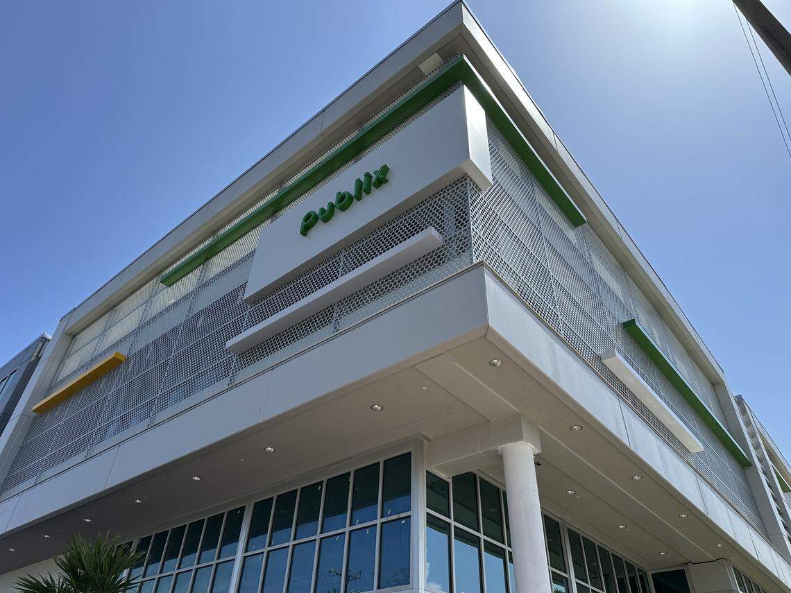 The new Riviera Plaza Publix’s front main entrance at 1542 South Dixie Highway nears completion in this photo on Aug. 25, 2025. The store is to open on Sept. 25, Publix says.
